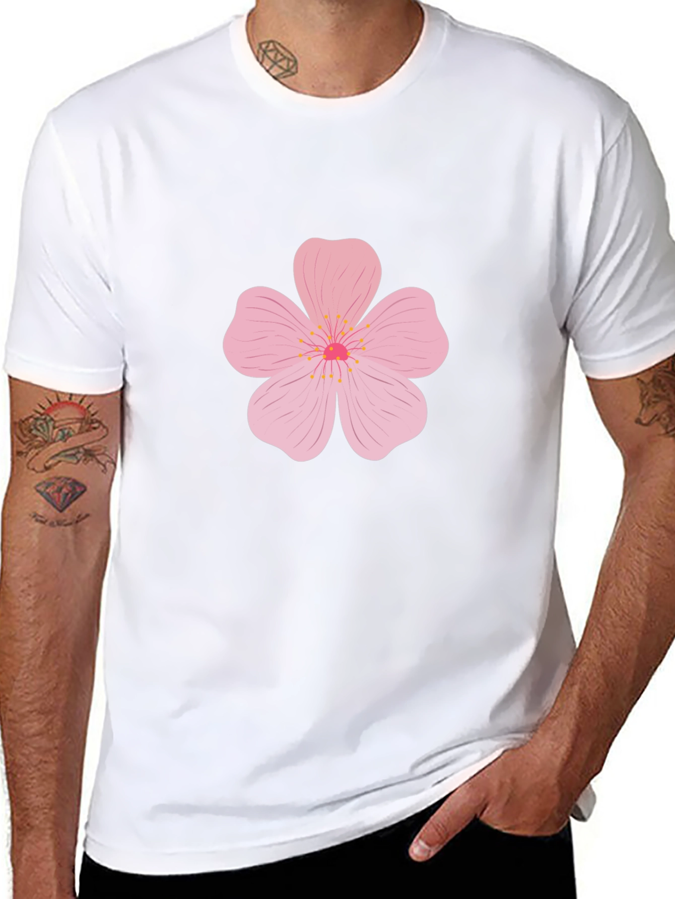 Mens Black T-Shirt with Pink Flower Design