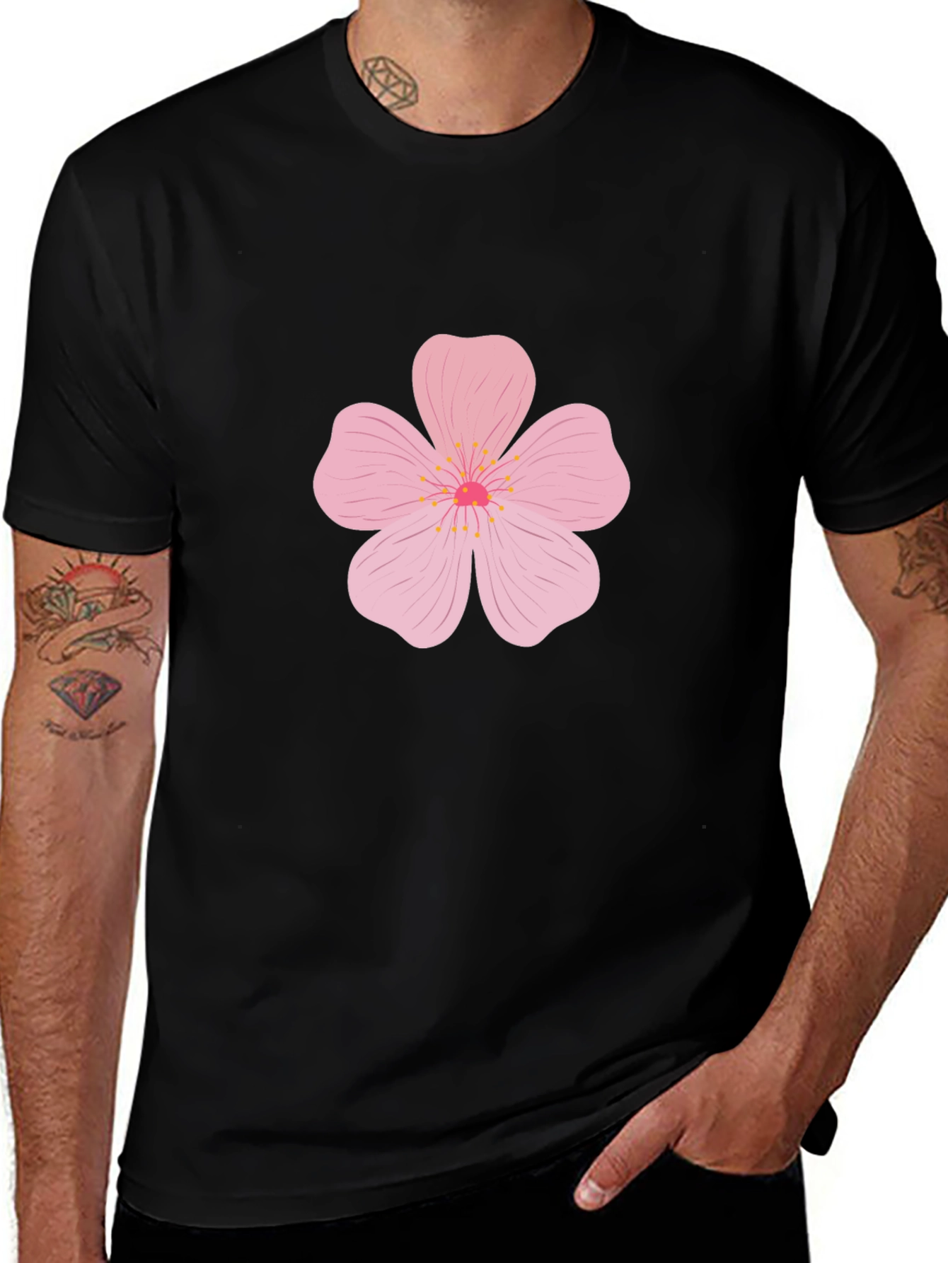 Mens Black T-Shirt with Pink Flower Design