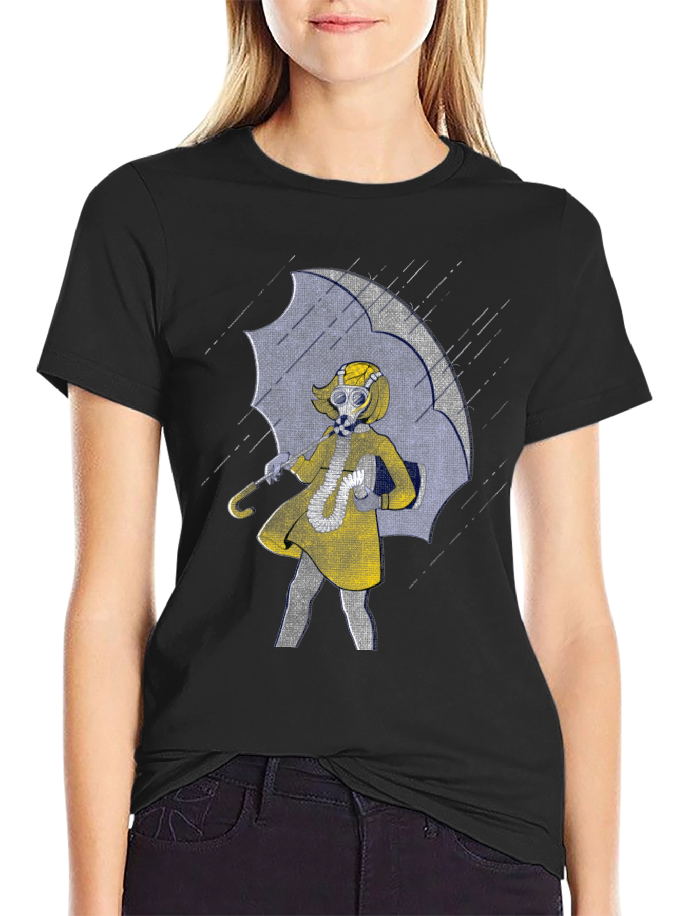 Gas Mask Girl Under Umbrella Graphic T-Shirt