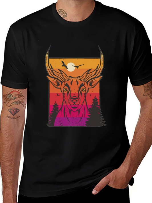 Deer Sunset Graphic Print Black T-Shirt