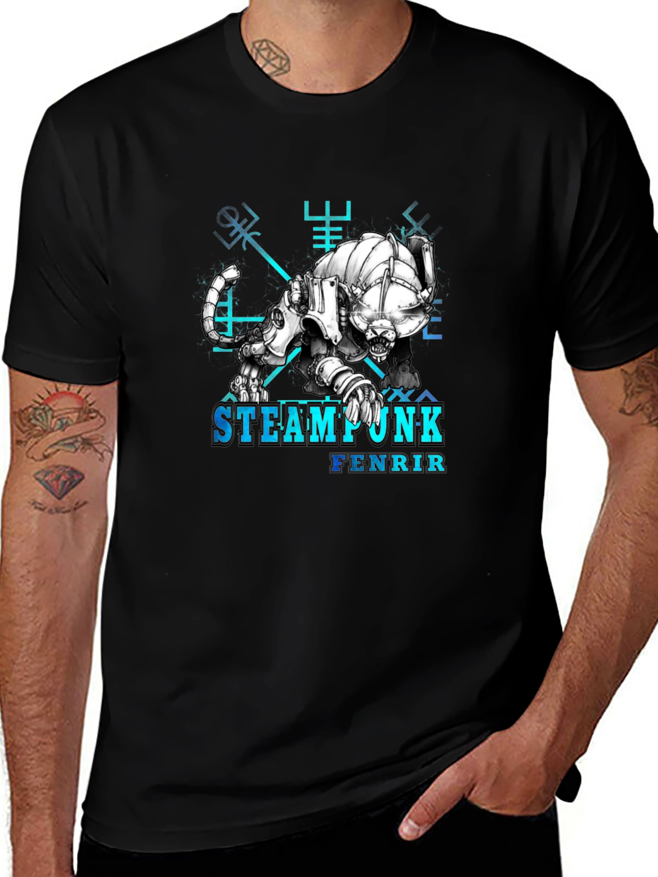 Steampunk Fenrir Graphic T-Shirt - Norse Mythology Design