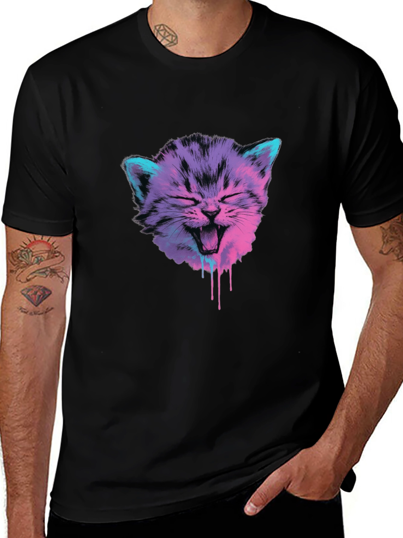 Vaporwave Cat Graphic Tee - Black Cotton Blend
