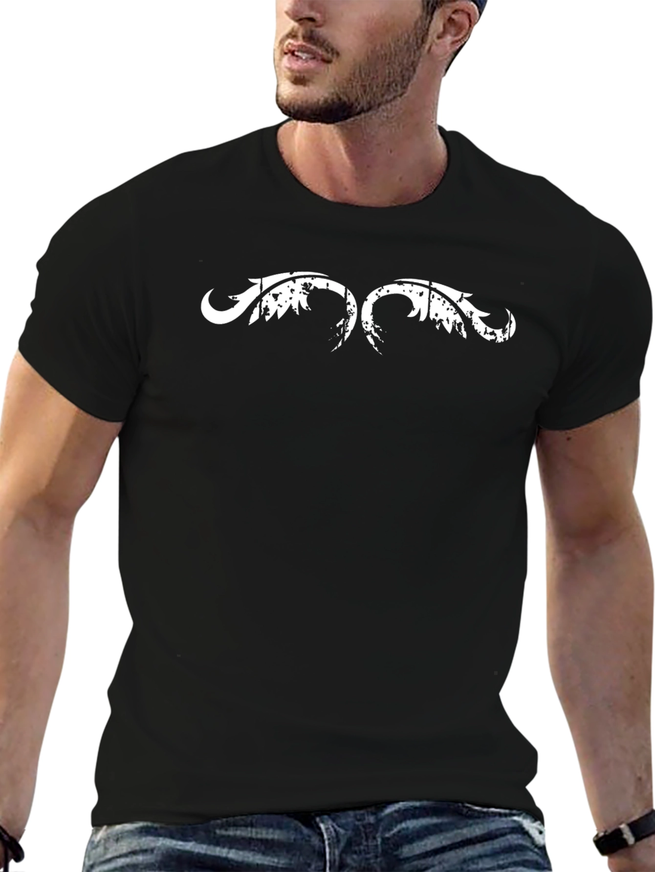 Mens Black T-Shirt with Distressed Wings Graphic