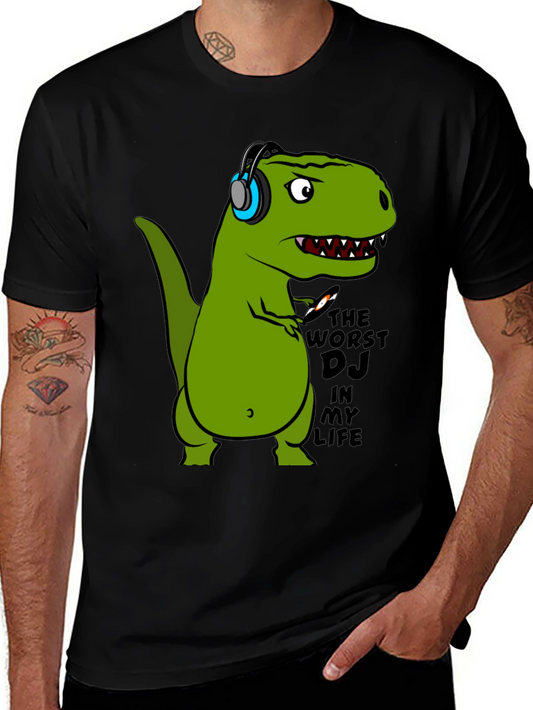 Dino DJ T-Shirt - Black Cotton Graphic Tee