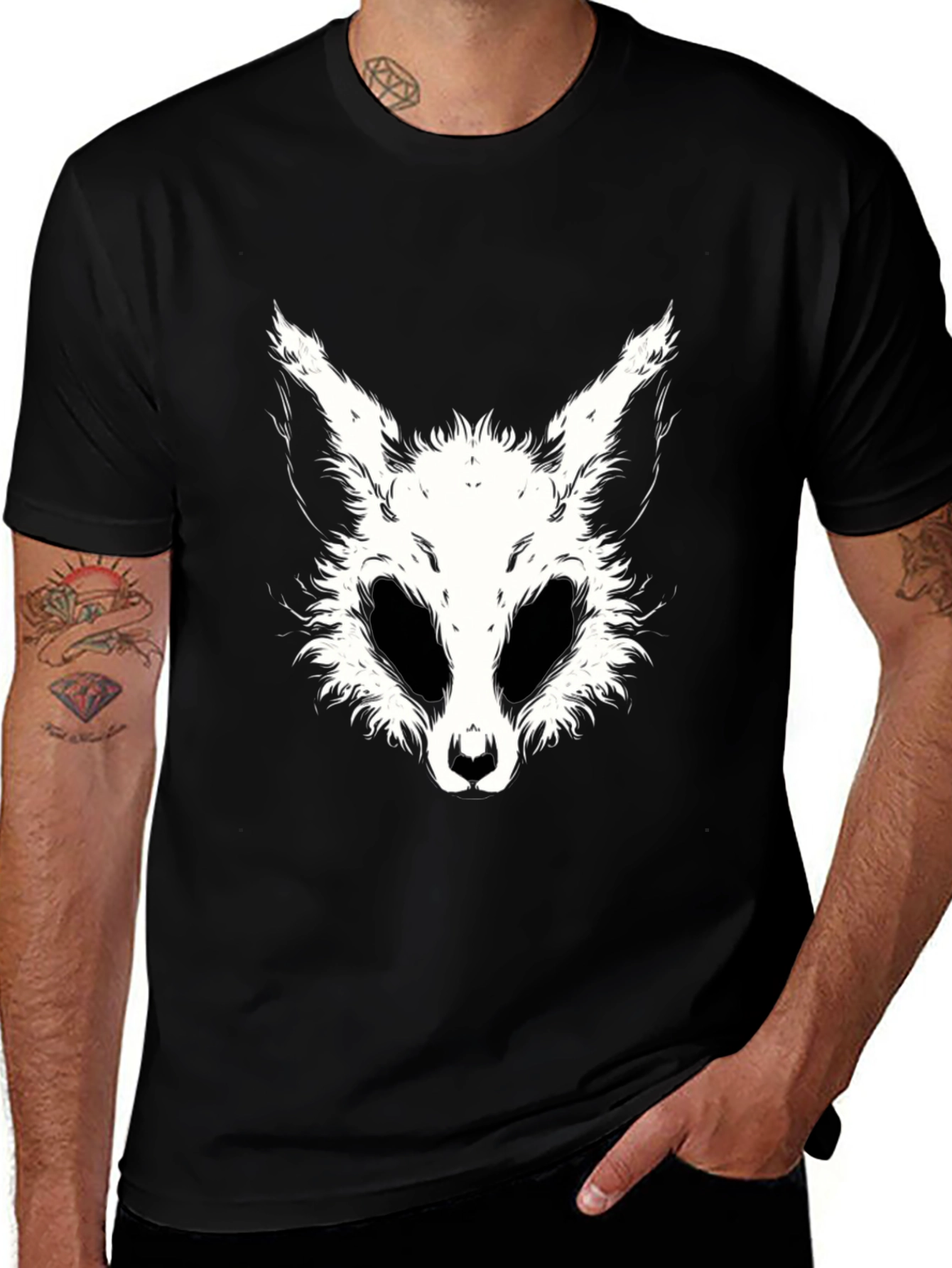 Black T-Shirt with White Animal Face Graphic