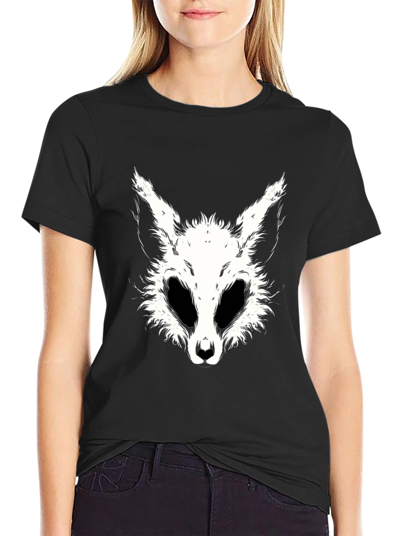 Black T-Shirt with White Animal Face Graphic