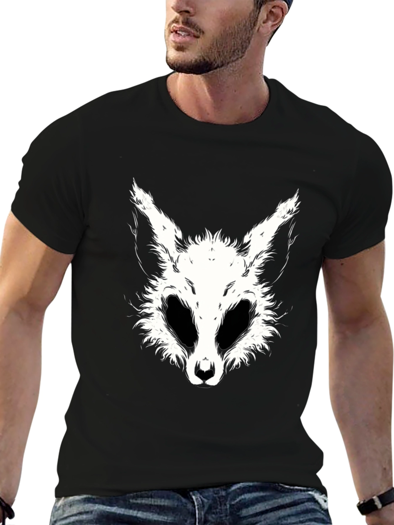 Black T-Shirt with White Animal Face Graphic