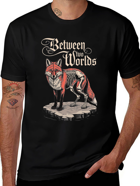 Between Two Worlds Graphic Tee - Unique Fox Skeleton Design