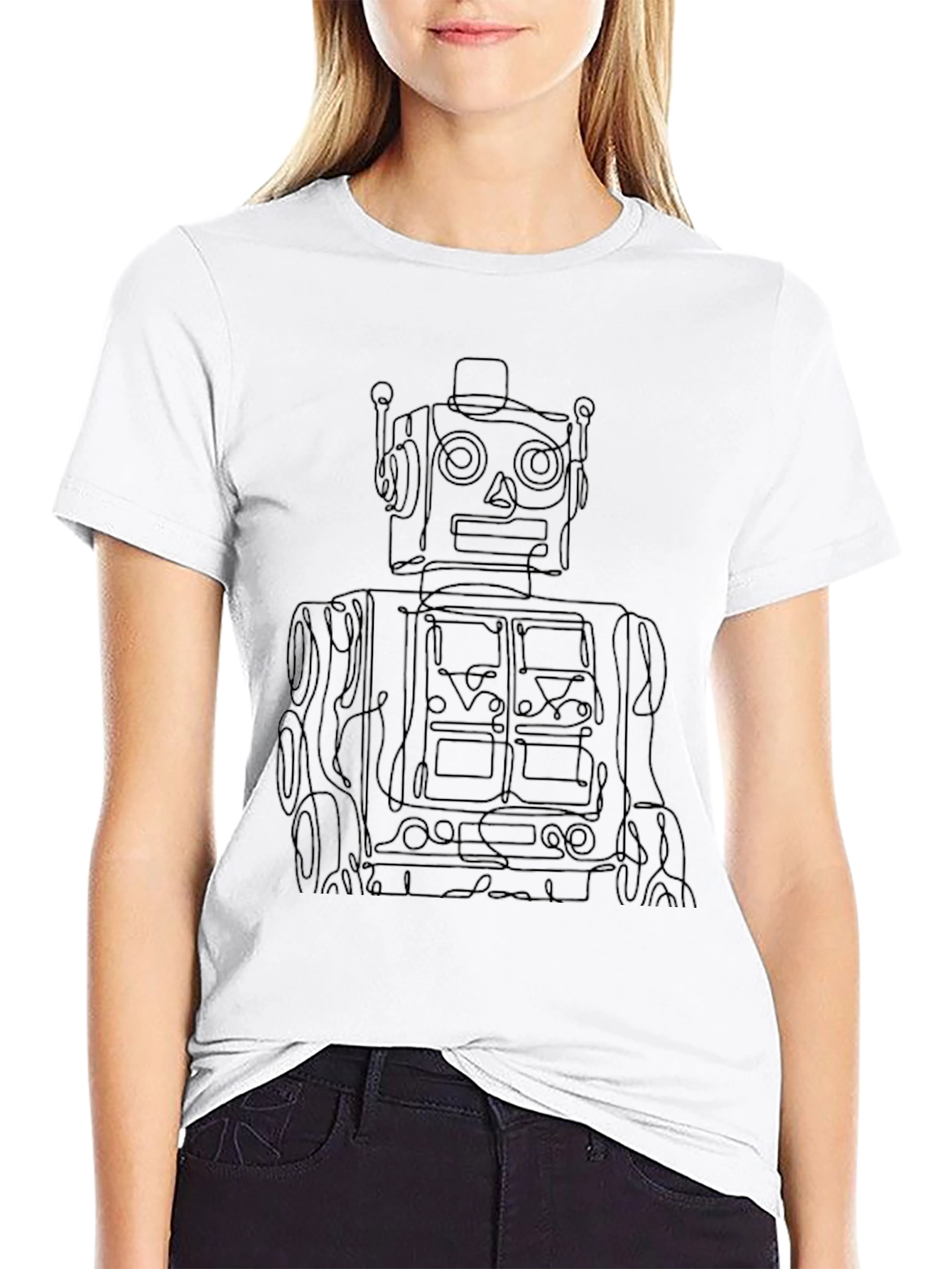 Retro Robot Line Art Black T-Shirt