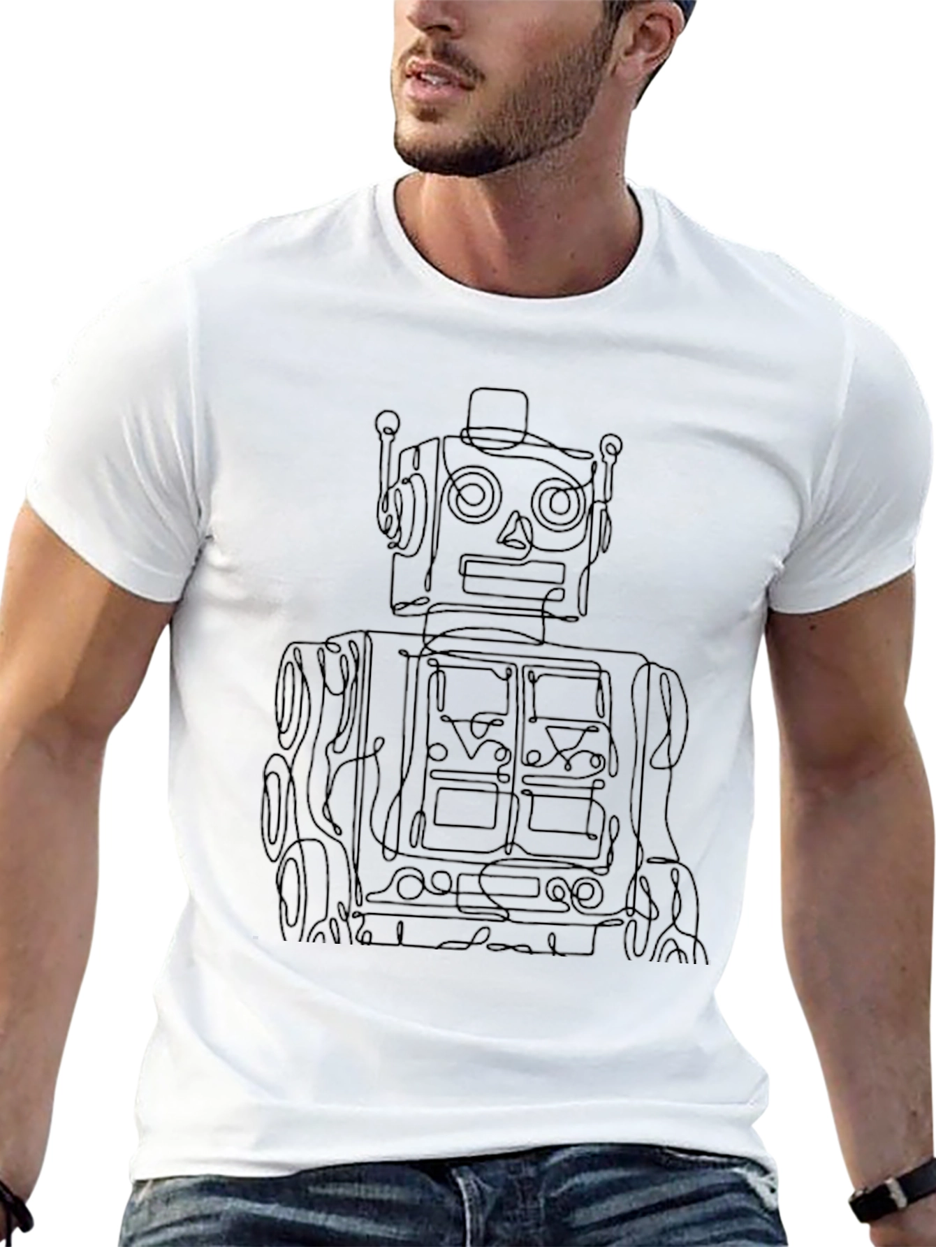 Retro Robot Line Art Black T-Shirt