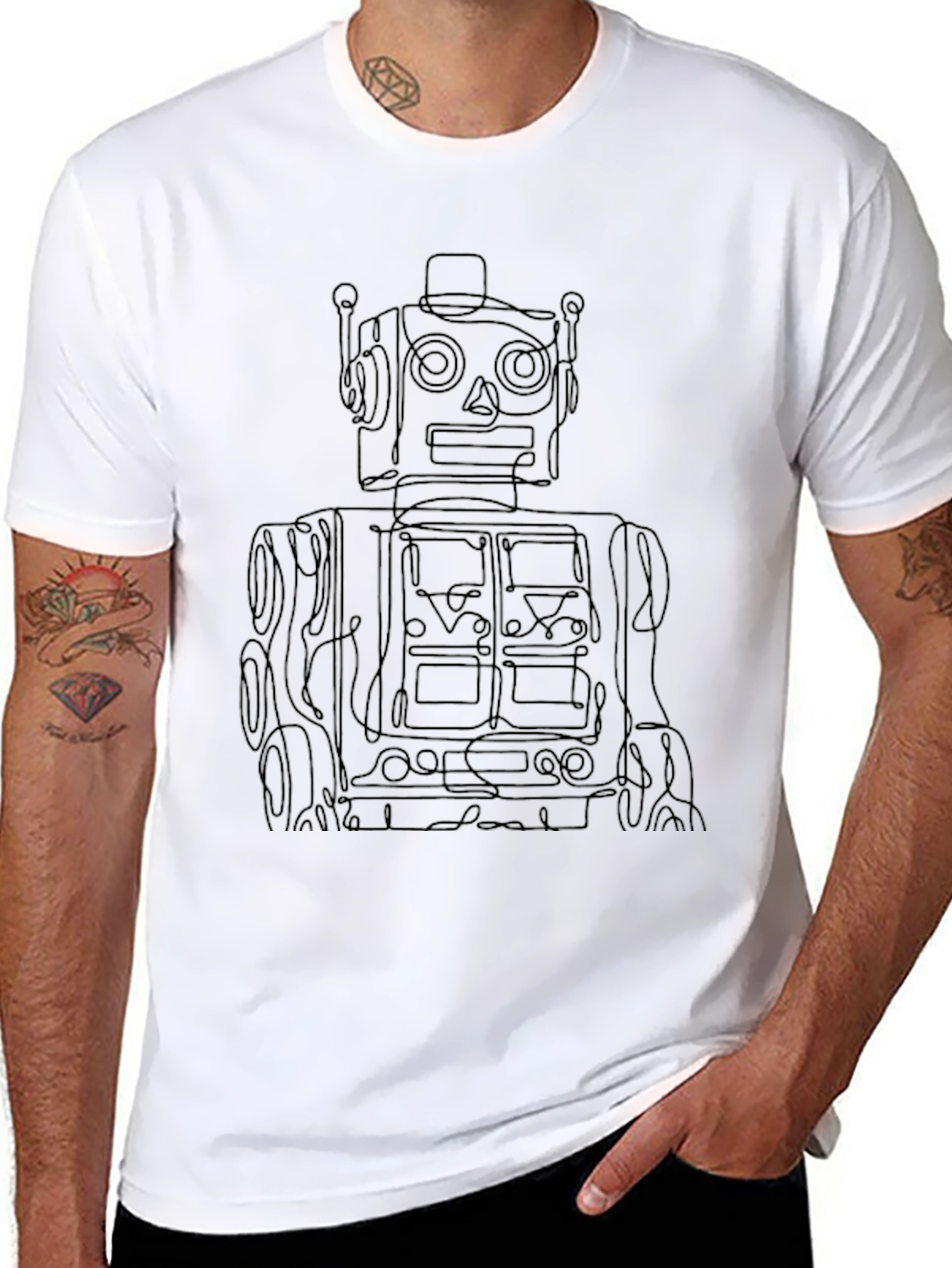 Retro Robot Line Art Black T-Shirt