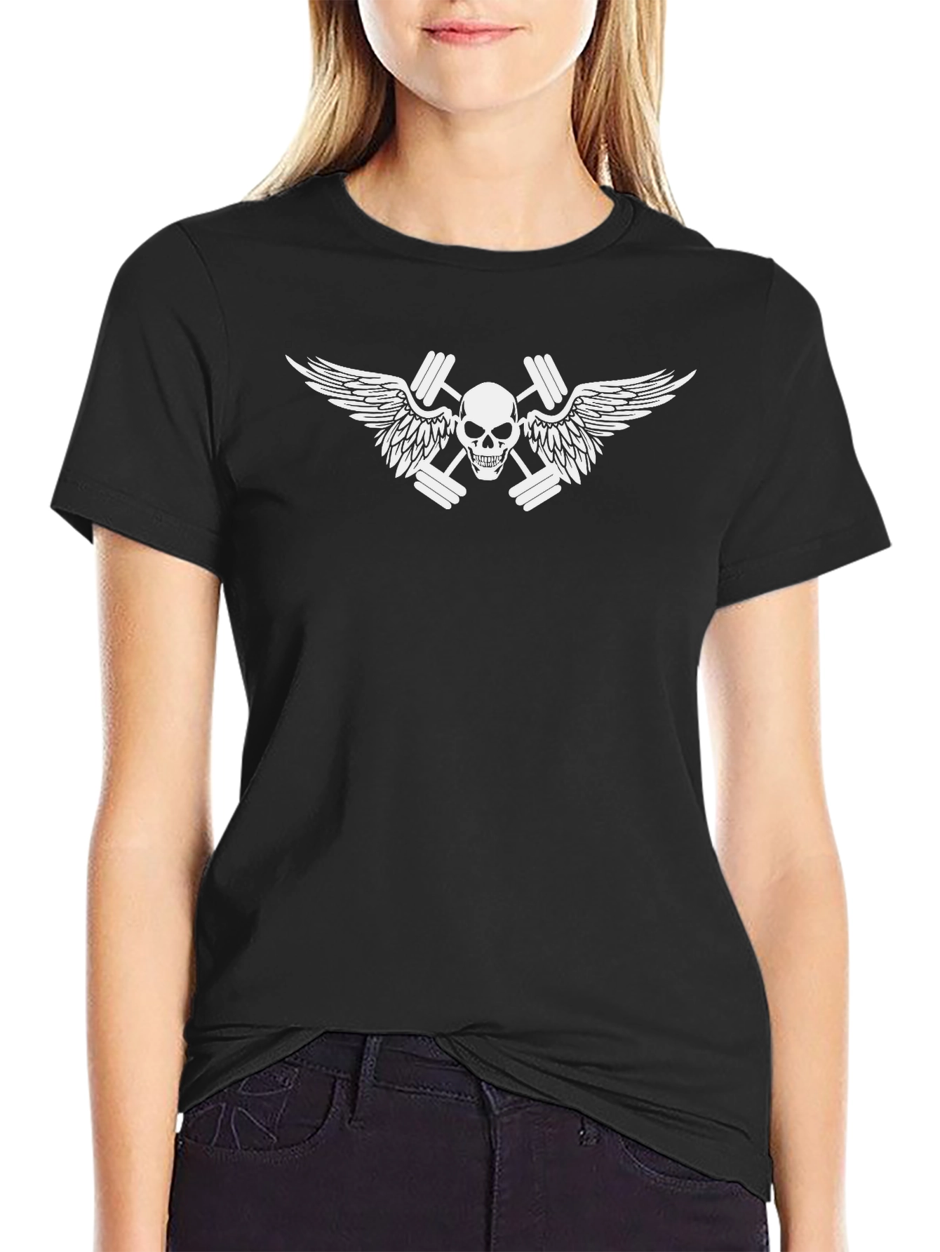 Skull & Dumbbell Wings Graphic T-Shirt - Black