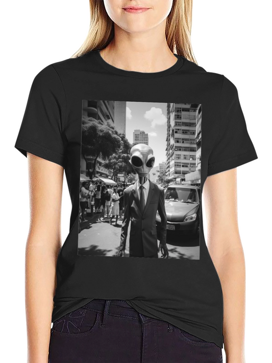 Alien in Suit Graphic Tee - Black Cotton T-Shirt