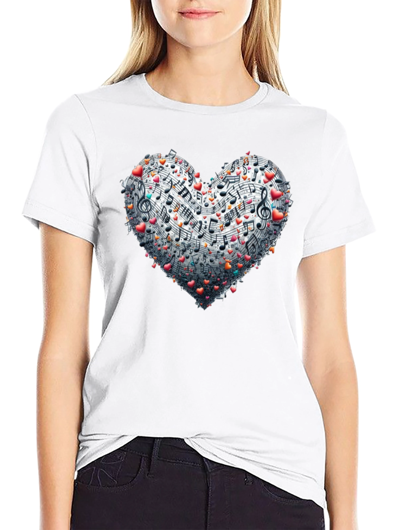 Music Heart Graphic Tee - Black Crew Neck T-Shirt