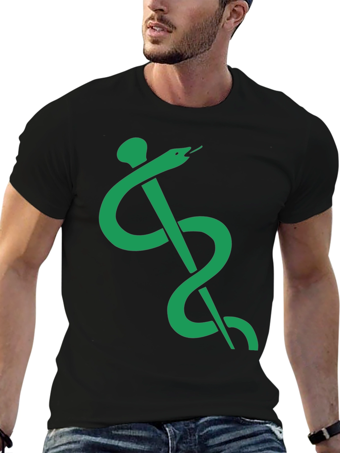 Caduceus Symbol T-Shirt - Green Medical Serpent on Black