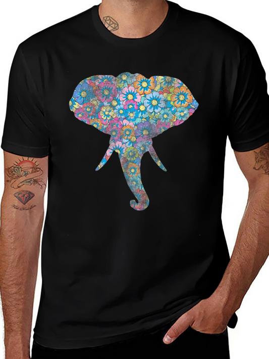 Floral Elephant Graphic Print Black T-Shirt
