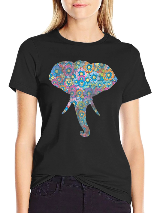 Floral Elephant Graphic Print Black T-Shirt