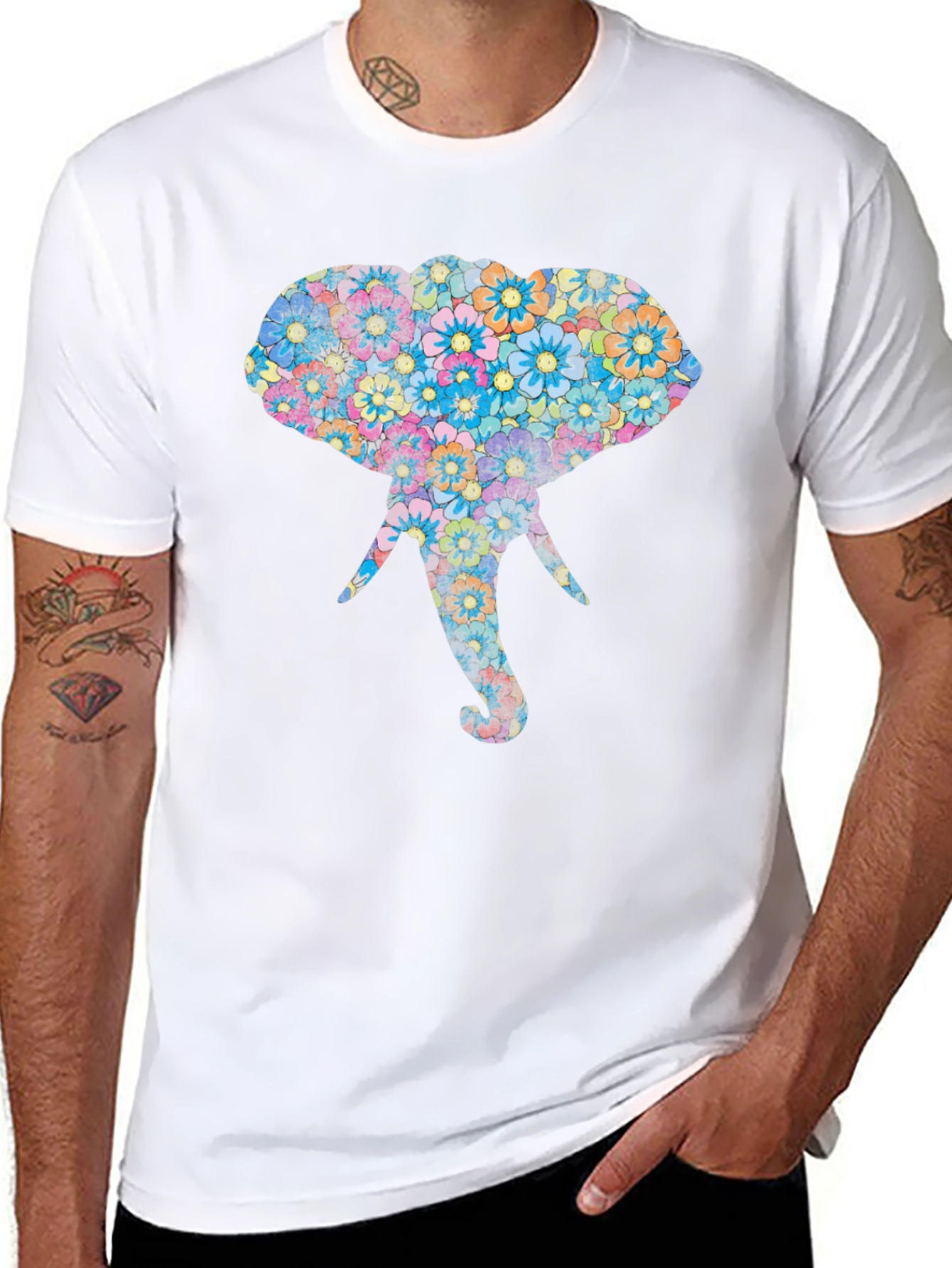 Floral Elephant Graphic Print Black T-Shirt