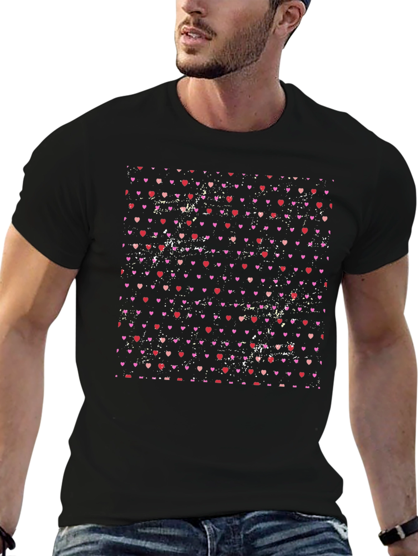 Heart Pattern Mens Black T-Shirt