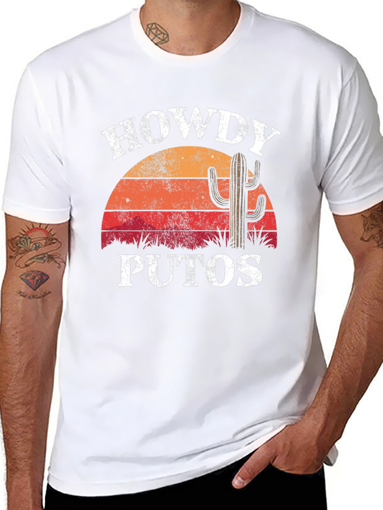 Howdy Puto T-Shirt: Retro Sunset Cactus Graphic Tee
