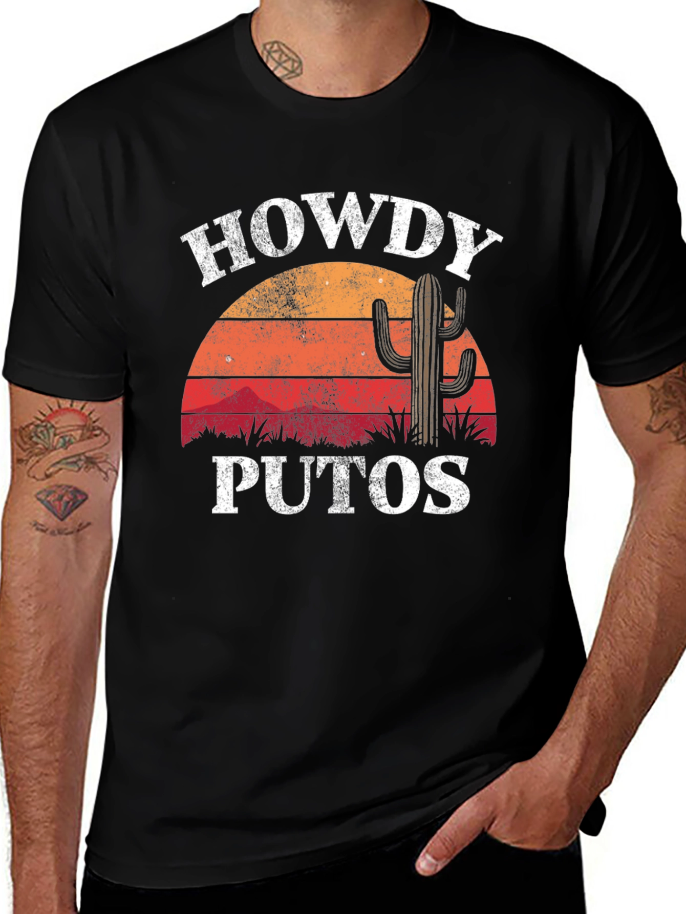 Howdy Puto T-Shirt: Retro Sunset Cactus Graphic Tee