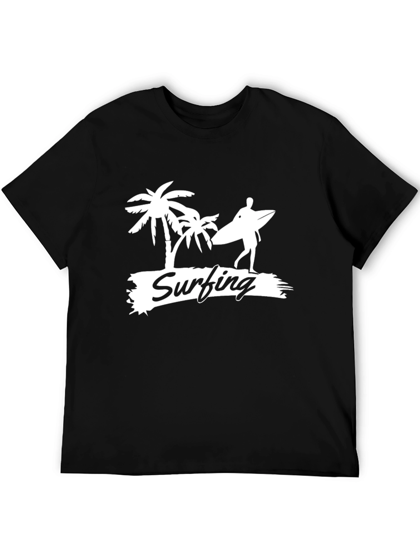 Surfing Palm Tree Graphic Tee - Casual Black T-Shirt