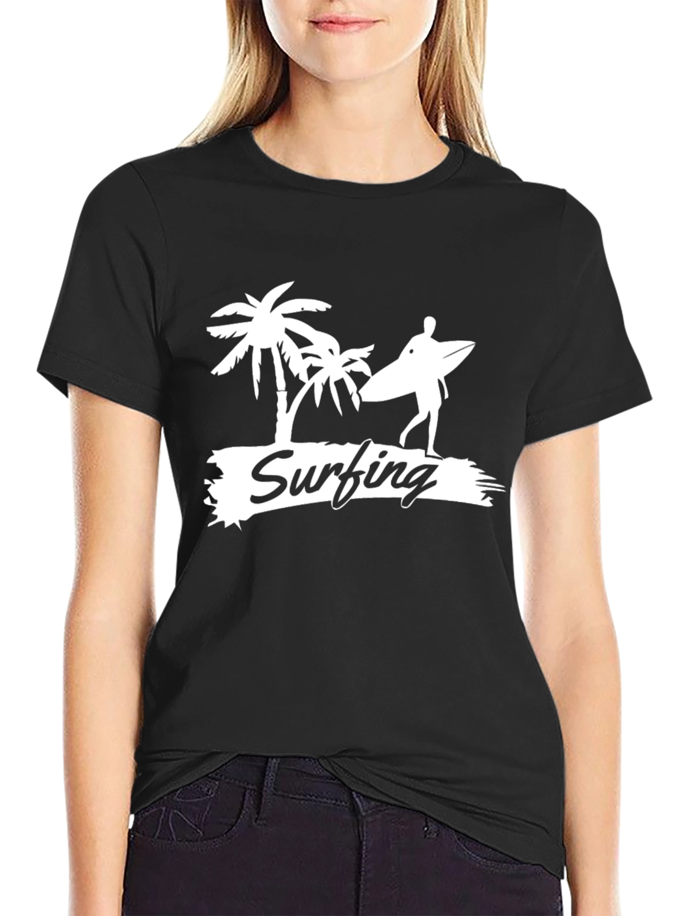 Surfing Palm Tree Graphic Tee - Casual Black T-Shirt