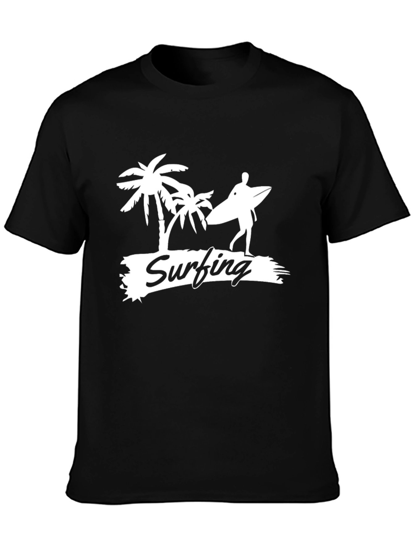 Surfing Palm Tree Graphic Tee - Casual Black T-Shirt