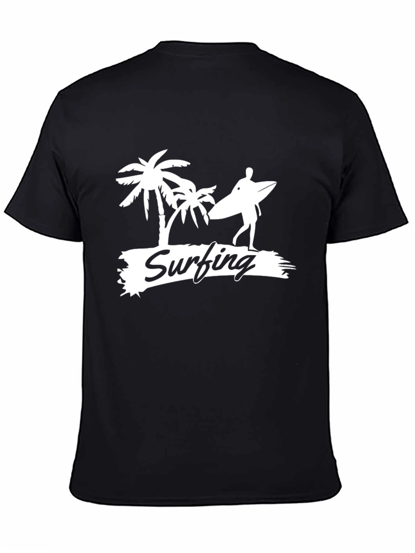Surfing Palm Tree Graphic Tee - Casual Black T-Shirt