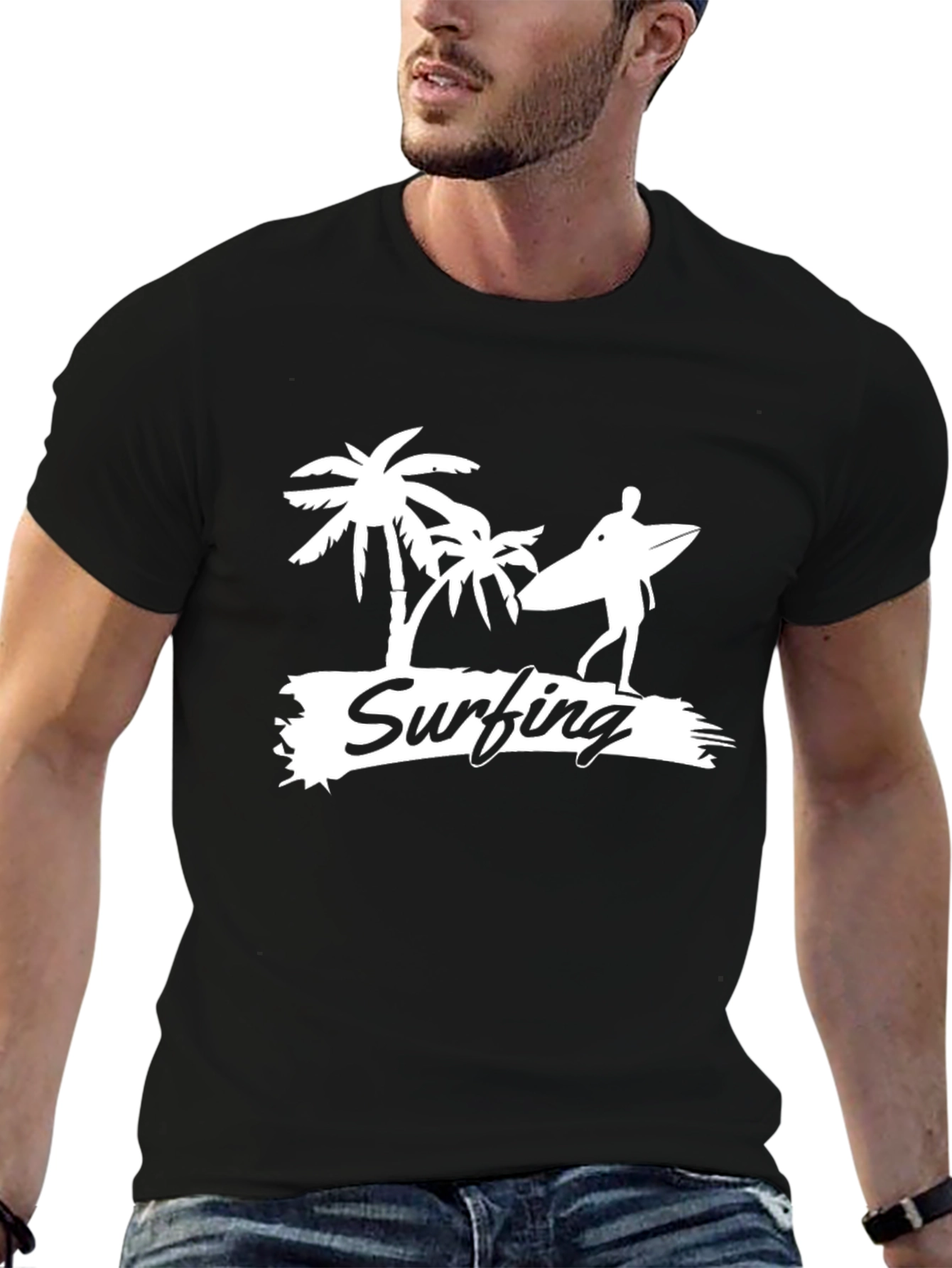 Surfing Palm Tree Graphic Tee - Casual Black T-Shirt
