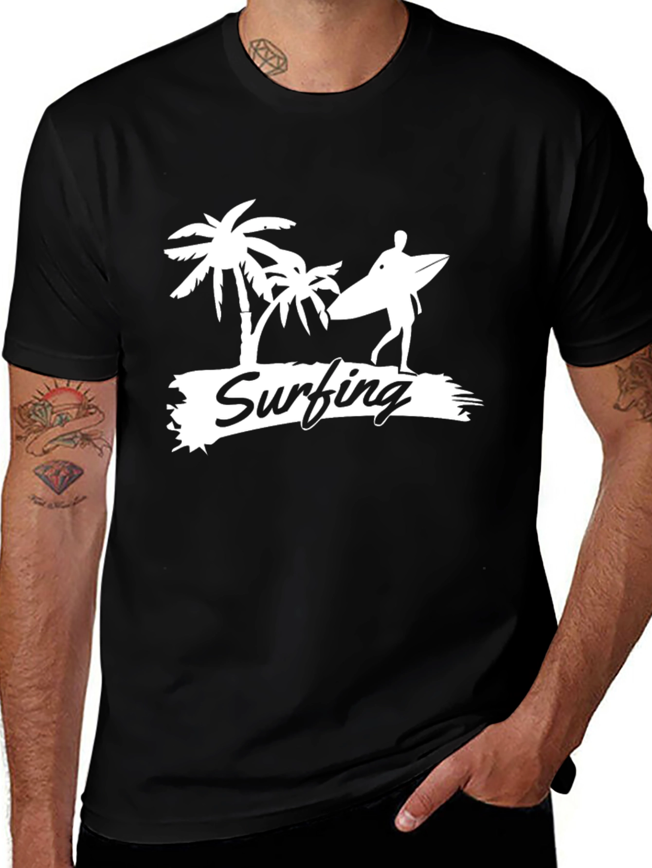 Surfing Palm Tree Graphic Tee - Casual Black T-Shirt