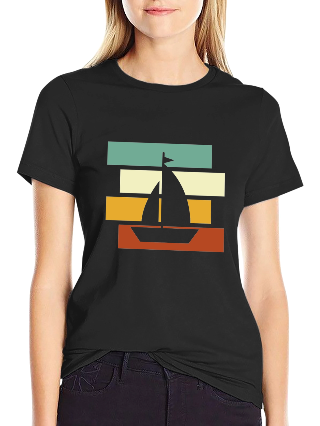 Retro Sailboat Graphic Tee - Black Cotton Blend