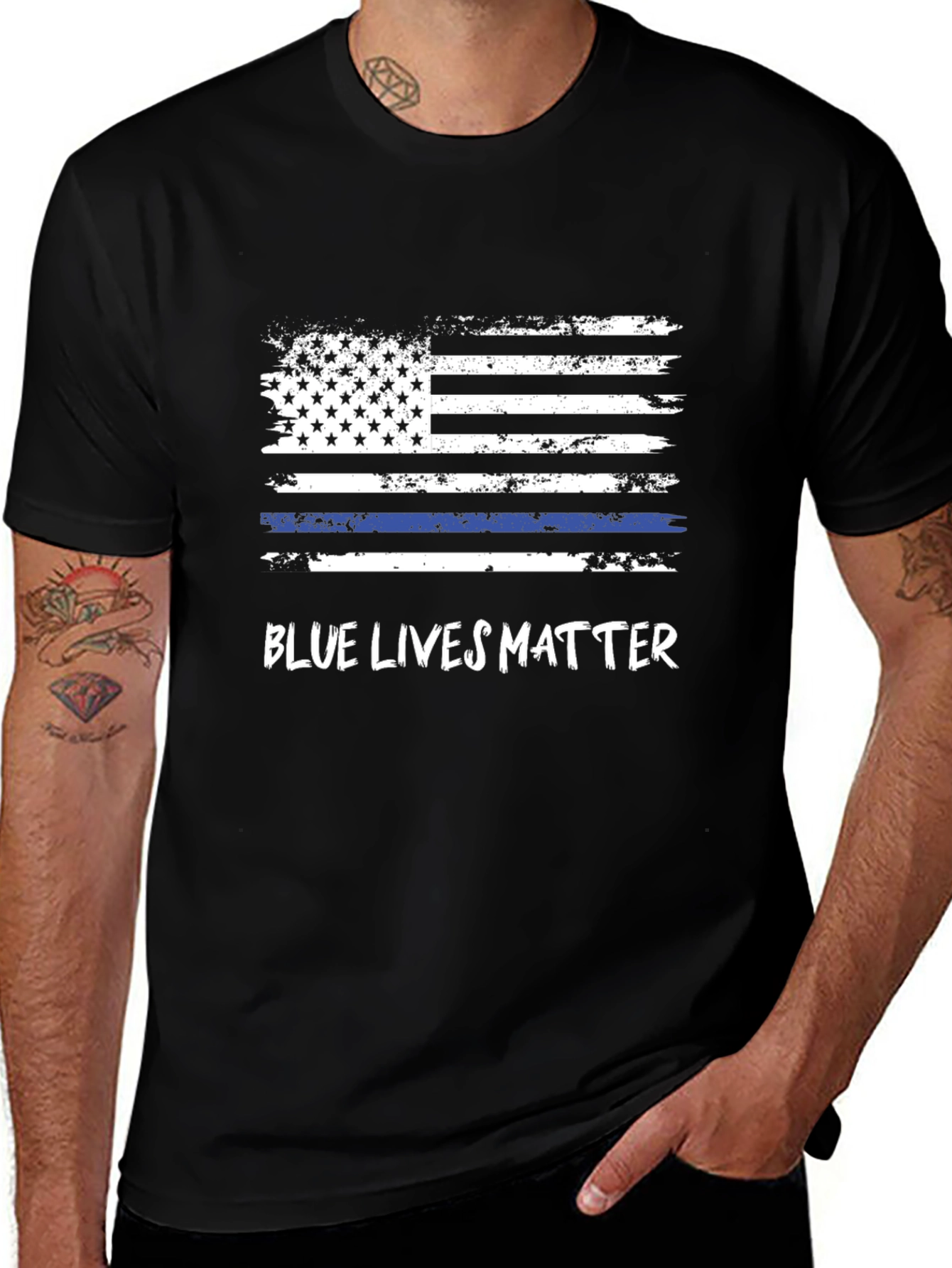 Blue Lives Matter Flag Graphic Tee - Black