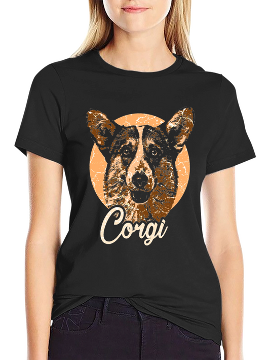 Corgi Dog Graphic Print Black T-Shirt