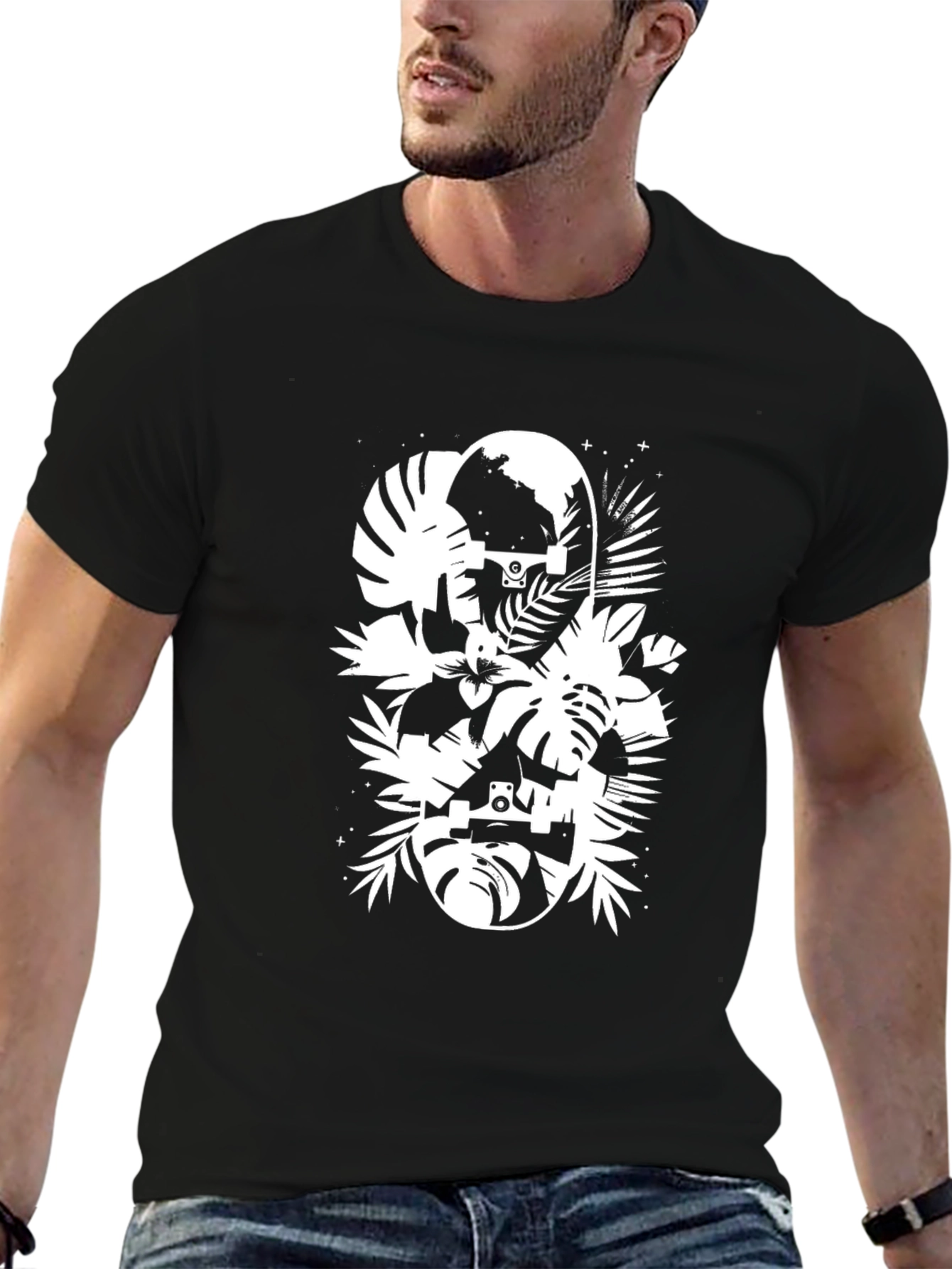 Tropical Skateboard Graphic T-Shirt - Black