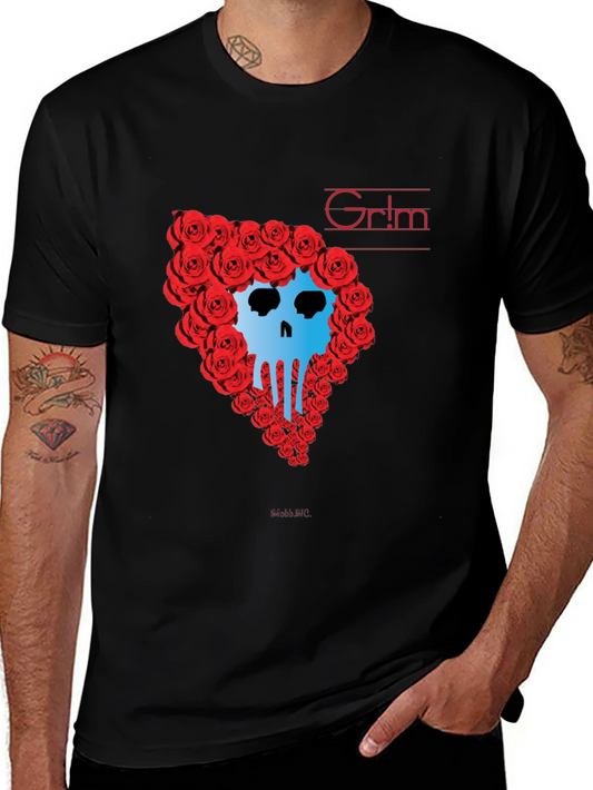 Grim Rose Skull Graphic Tee - Black