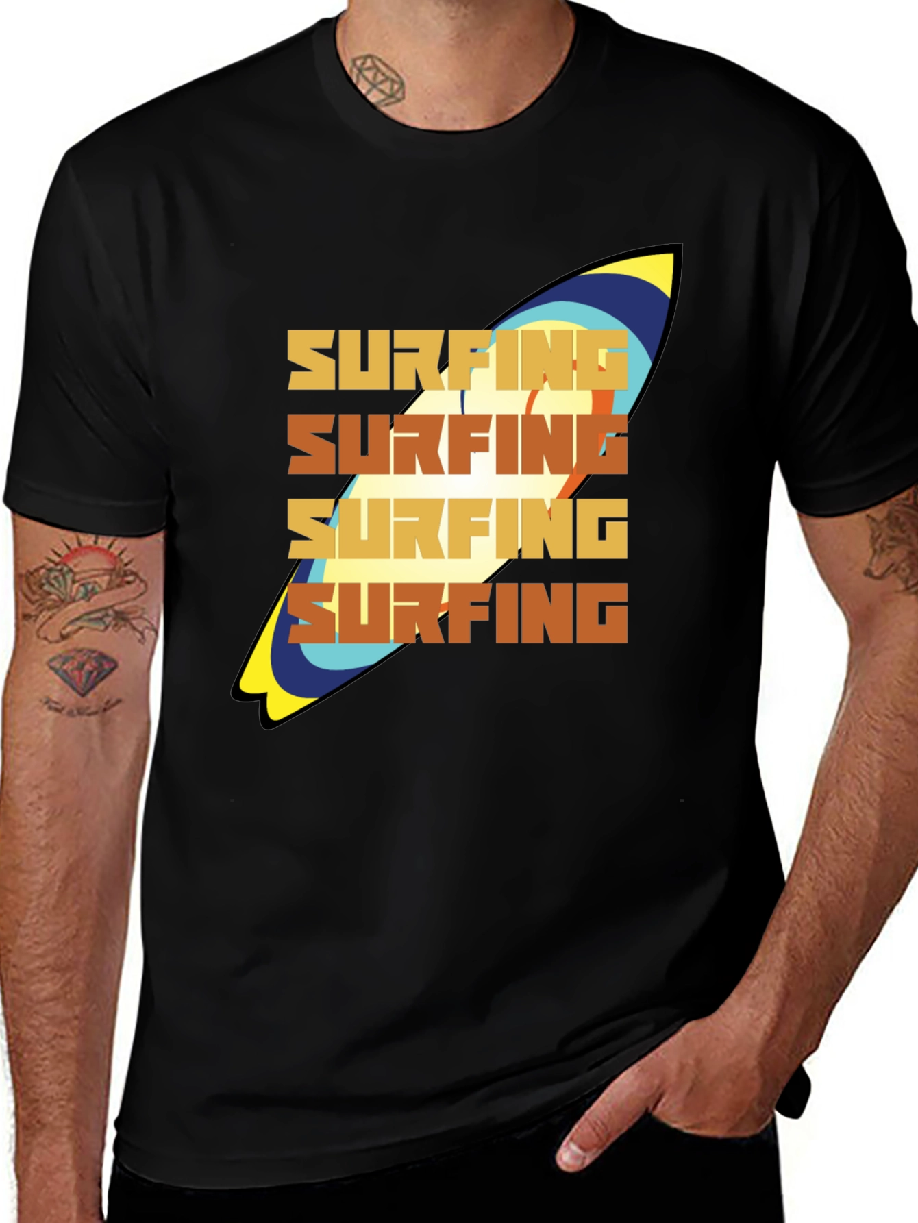 Surfing T-Shirt: Retro Surfboard Design Soft Cotton Tee