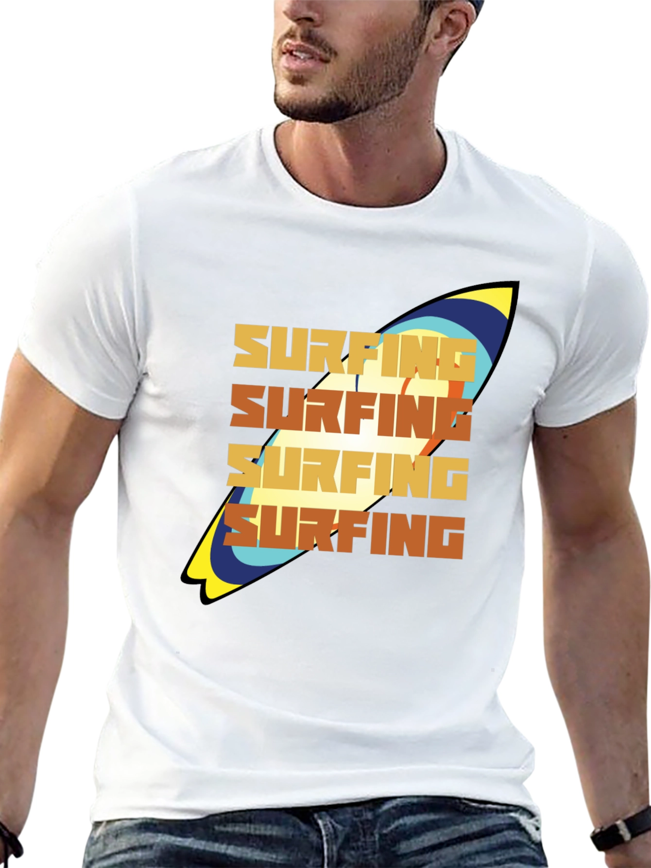 Surfing T-Shirt: Retro Surfboard Design Soft Cotton Tee