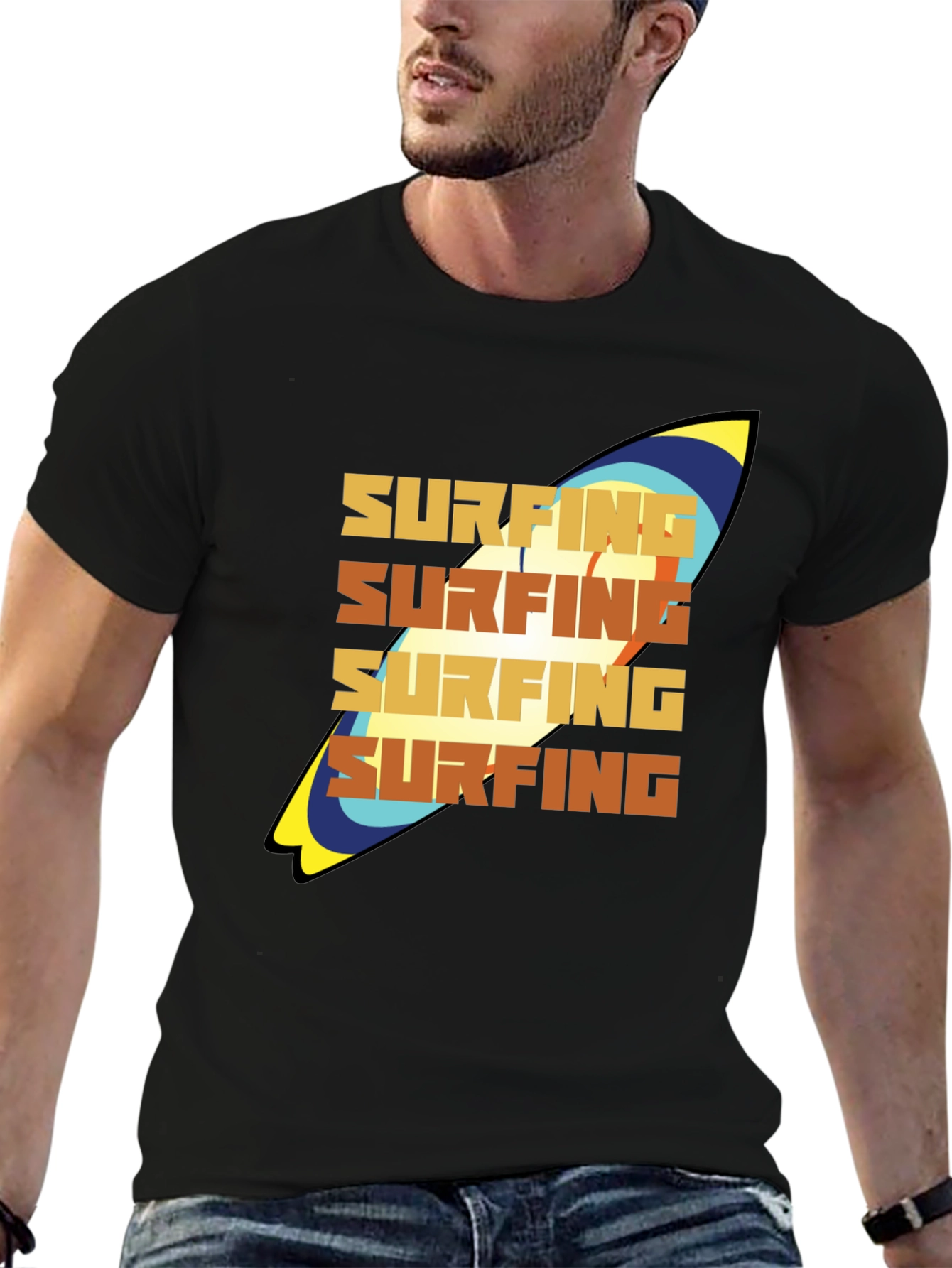 Surfing T-Shirt: Retro Surfboard Design Soft Cotton Tee