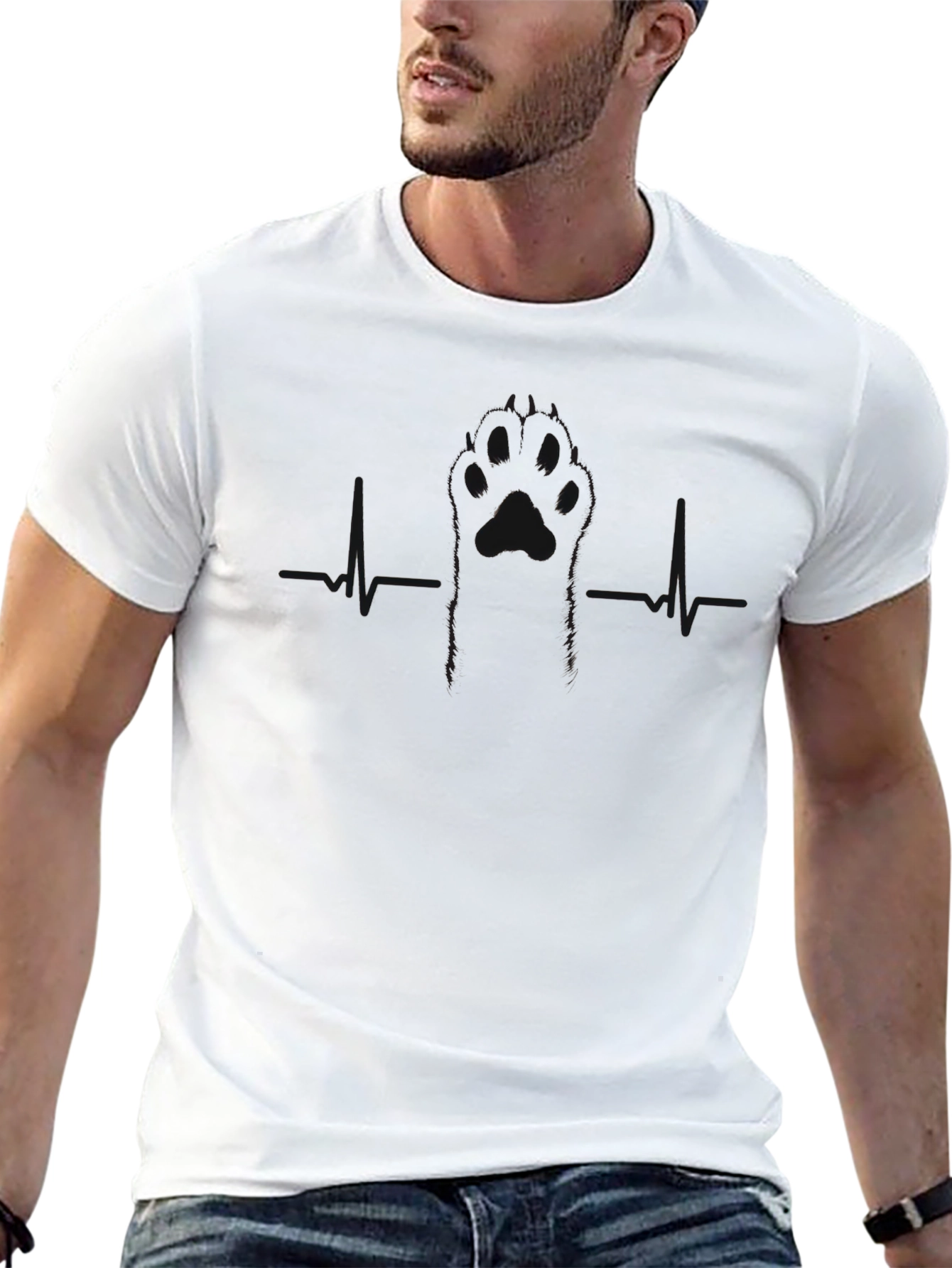 Mens Black Paw Print Heartbeat T-Shirt