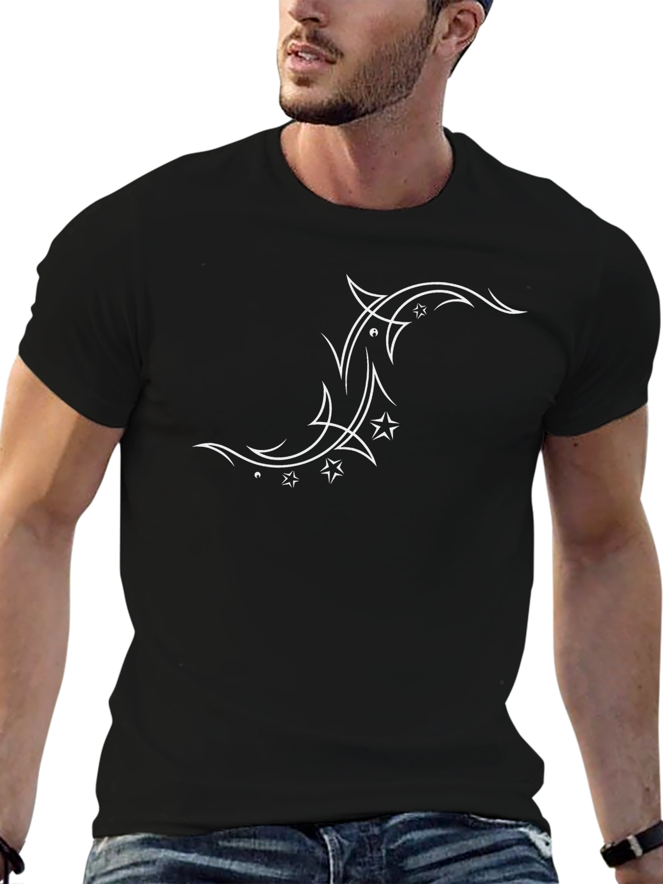 Mens Black T-Shirt with White Tribal Star Design
