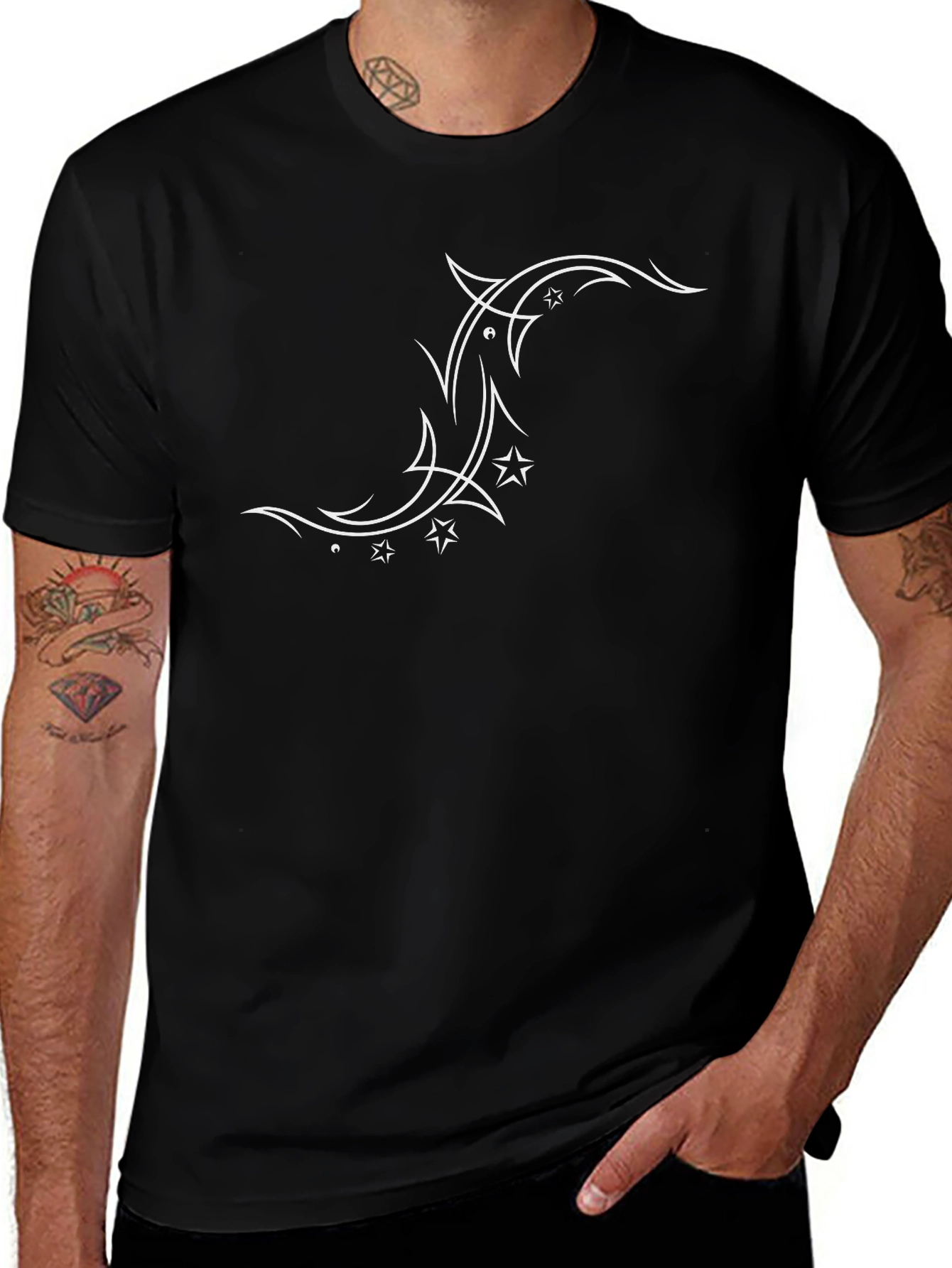 Mens Black T-Shirt with White Tribal Star Design