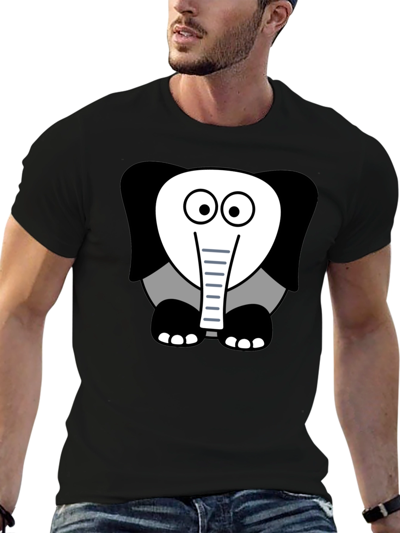 Cartoon Elephant Graphic Tee - Casual Black T-Shirt