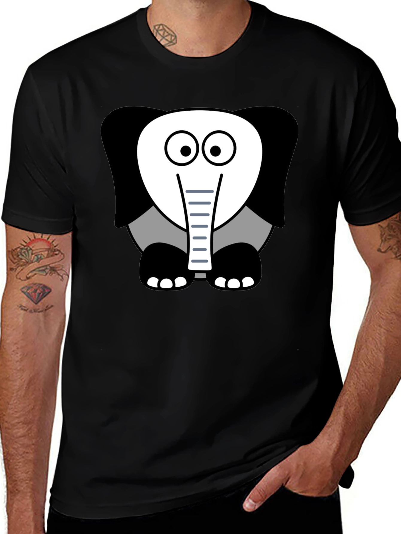 Cartoon Elephant Graphic Tee - Casual Black T-Shirt