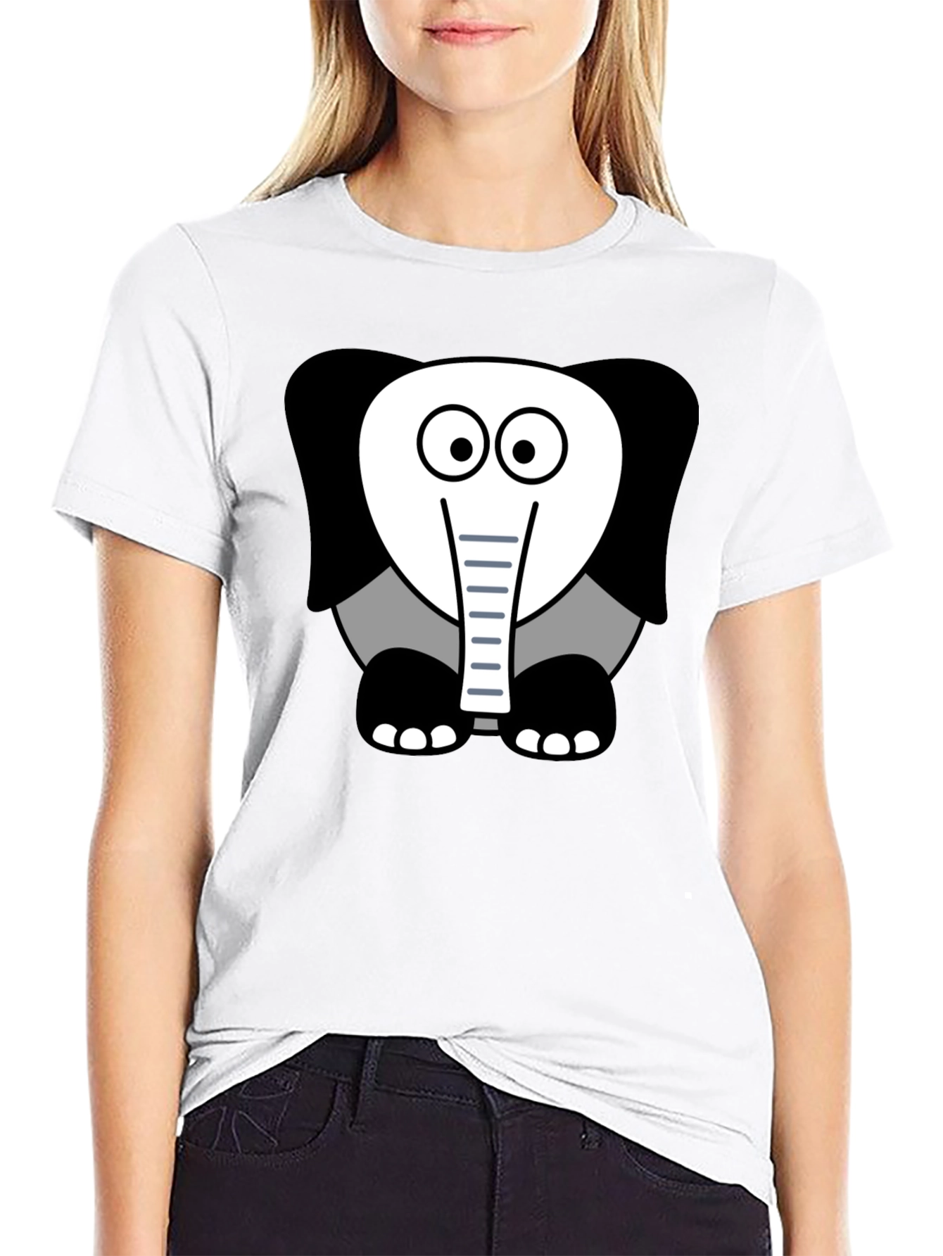 Cartoon Elephant Graphic Tee - Casual Black T-Shirt