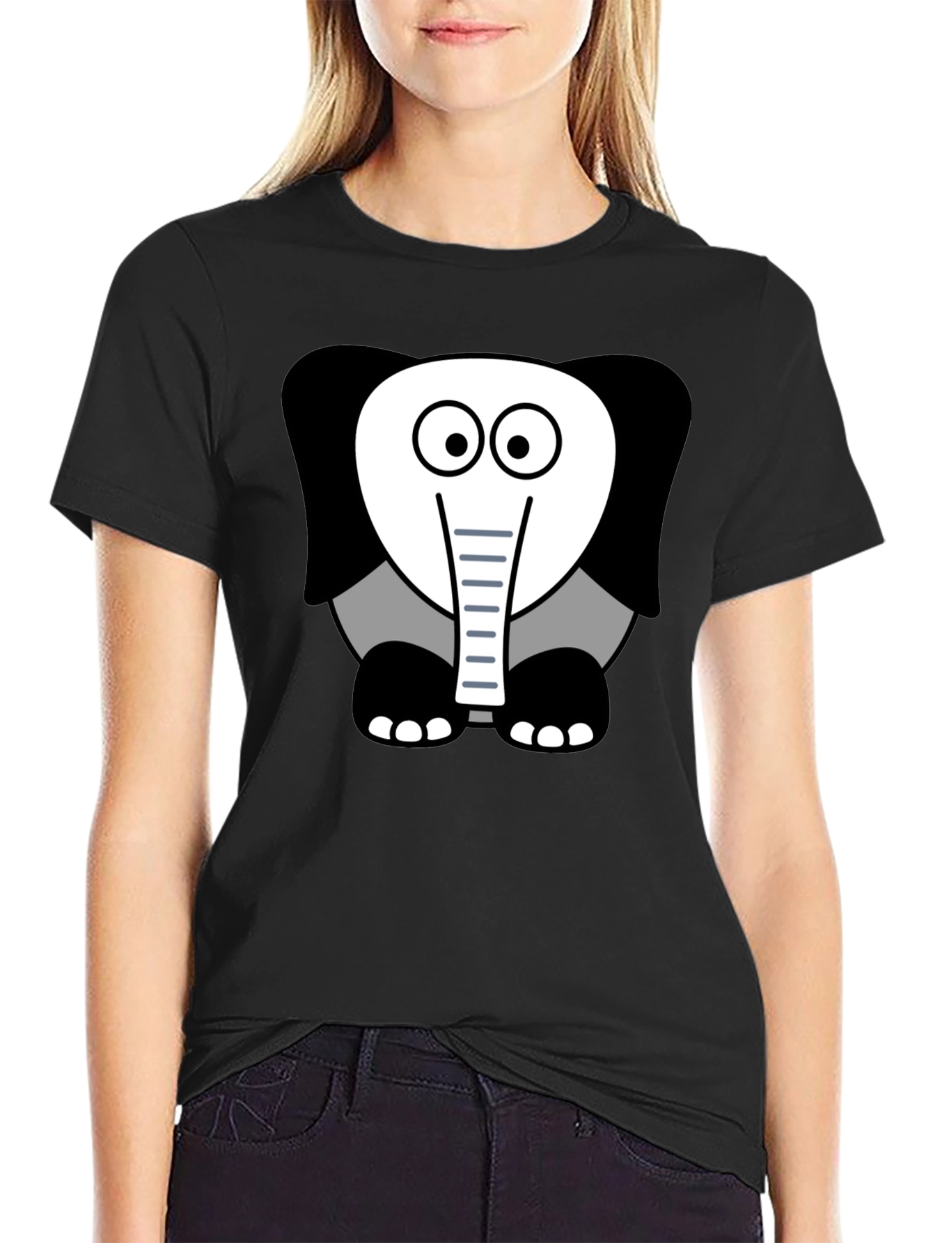 Cartoon Elephant Graphic Tee - Casual Black T-Shirt