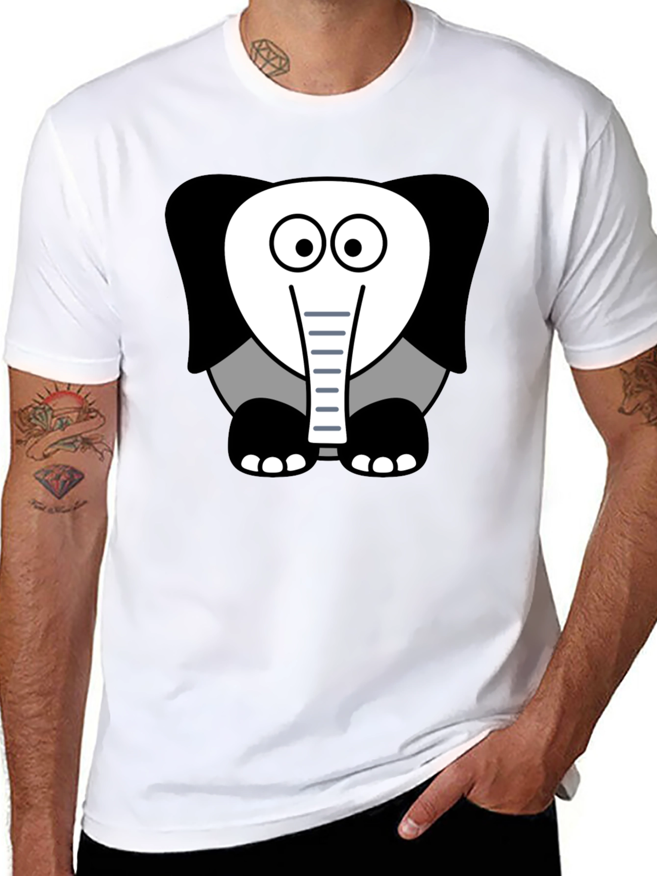 Cartoon Elephant Graphic Tee - Casual Black T-Shirt
