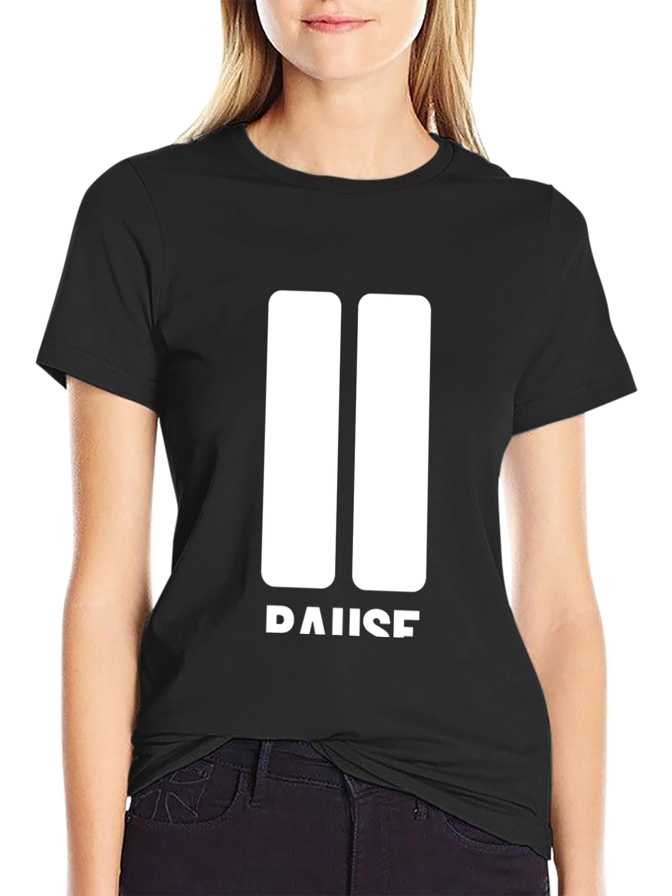 Pause Graphic Tee - Black Crew Neck Soft Cotton