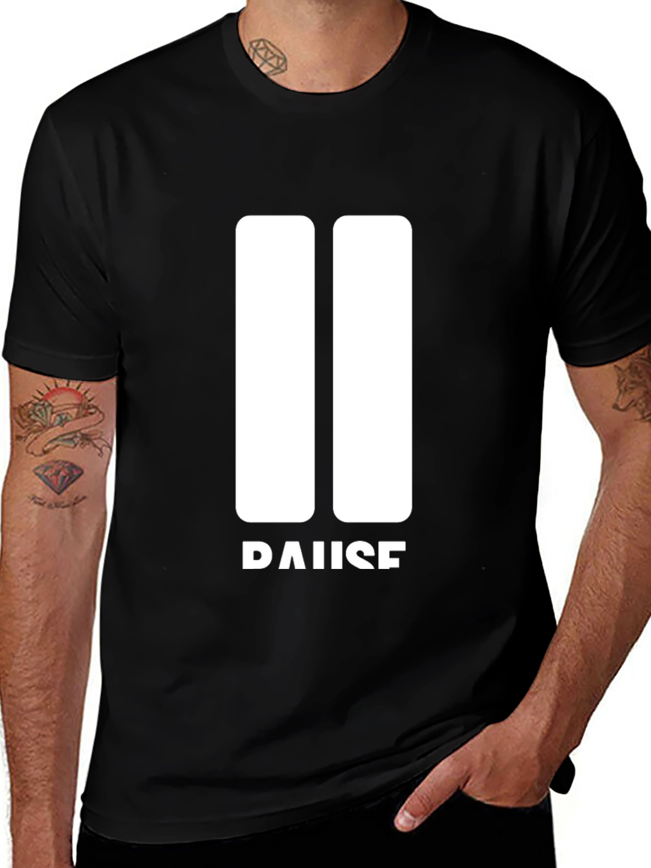 Pause Graphic Tee - Black Crew Neck Soft Cotton