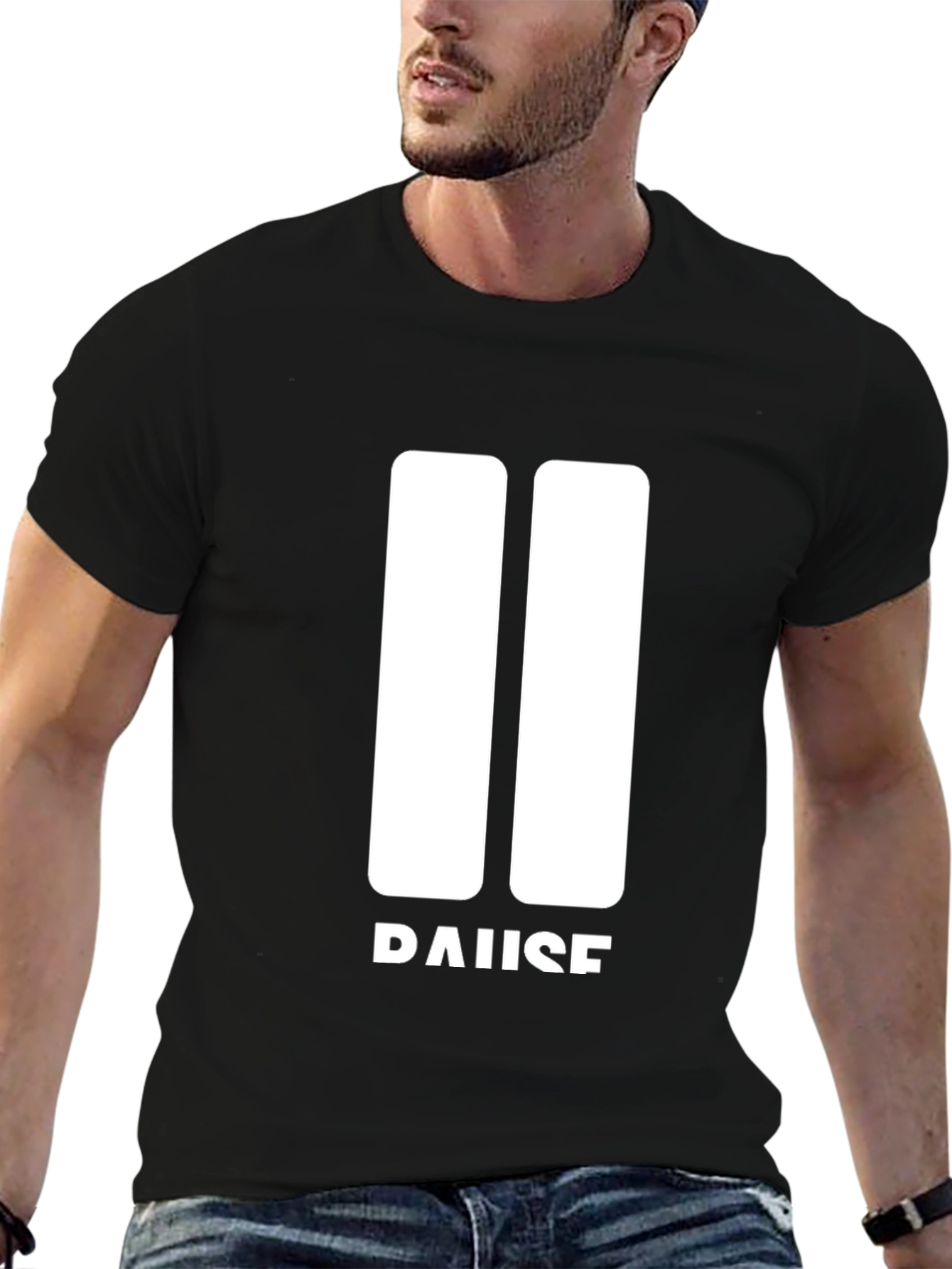 Pause Graphic Tee - Black Crew Neck Soft Cotton